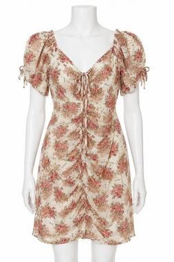 Boutique Floral Ruched Mini Dress Cream Pink Gold Puff Sleeve M